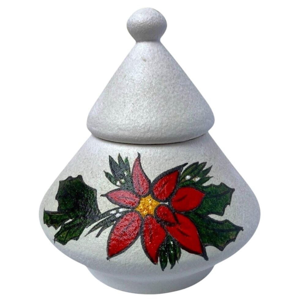 Vintage Mid Century Atomic Poinsettia Christmas Candy Dish Lidded Hand Painted